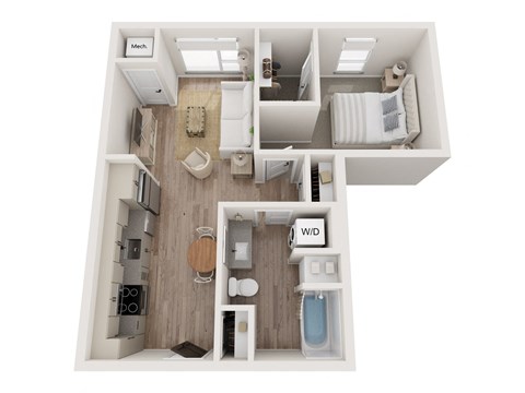 Floor plan for 1 bed, 1 bath, 653 sqft