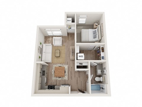 Floor plan for 1 bed, 1 bath, 631 sqft
