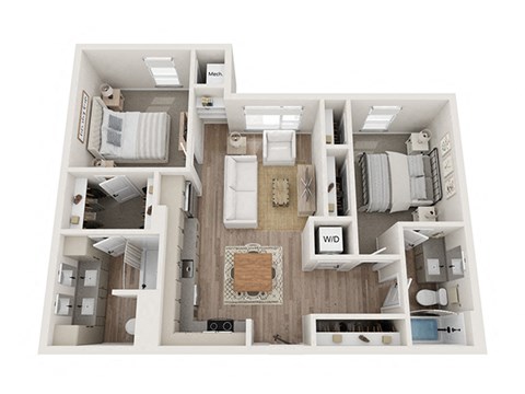 Floor plan for 2 beds, 2 baths, 947 sqft