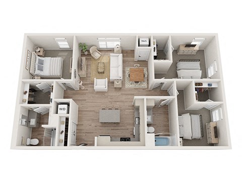 Floor plan for 3 beds, 2 baths, 1362 sqft