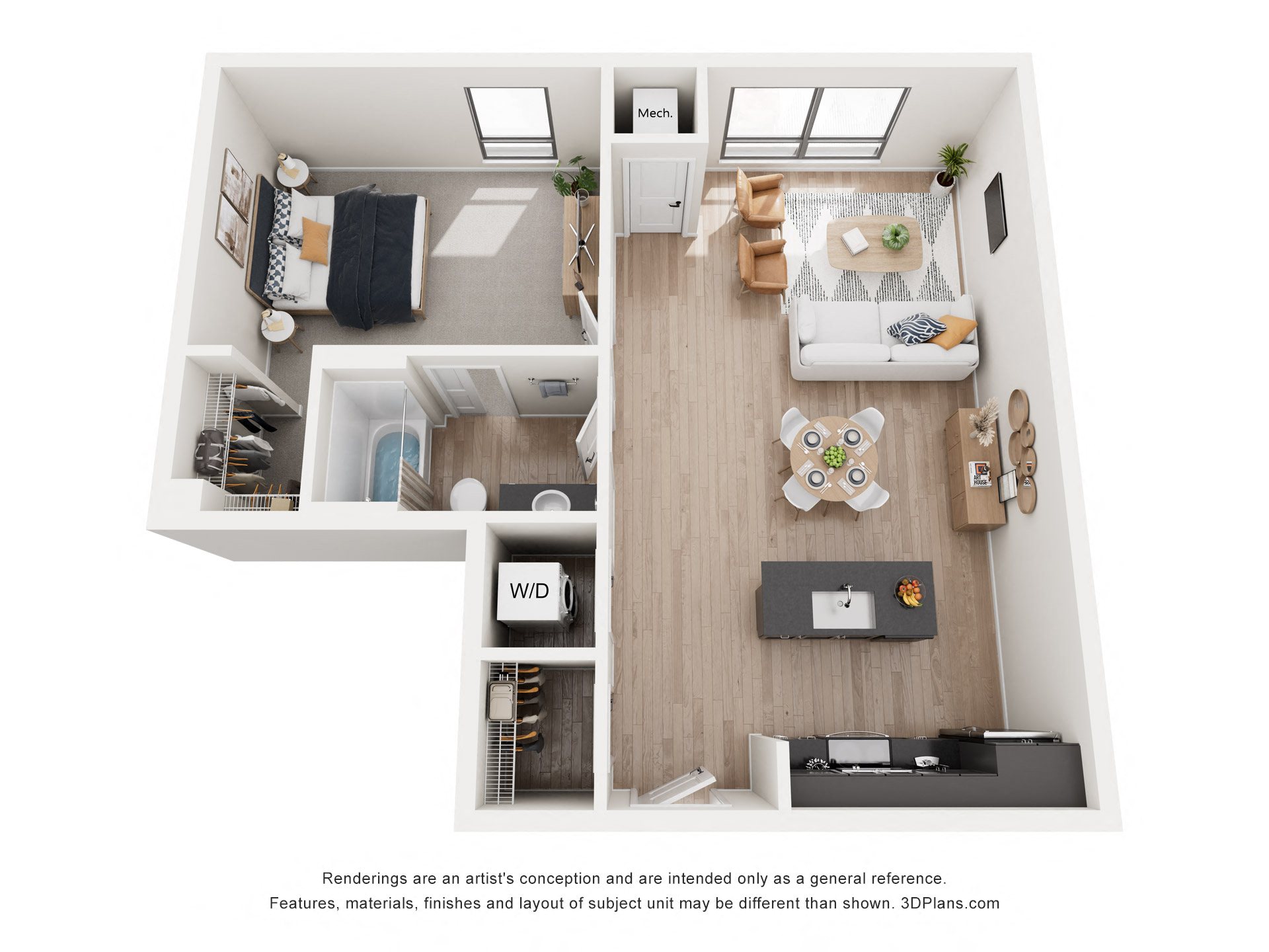 Floor plan for 1 bed, 1 bath, 856 sqft
