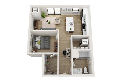 Floor plan for 1 bed, 1 bath, 683 sqft