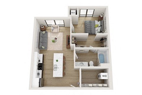Floor plan for 1 bed, 1 bath, 721 sqft