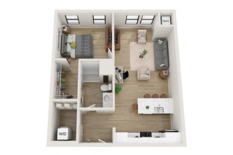 Floor plan for 1 bed, 1 bath, 770 sqft