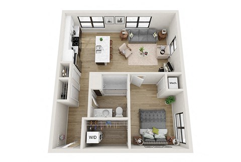 Floor plan for 1 bed, 1 bath, 774 sqft