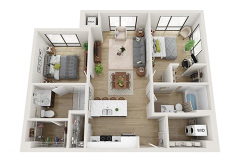 Floor plan for 2 beds, 2 baths, 1042 sqft