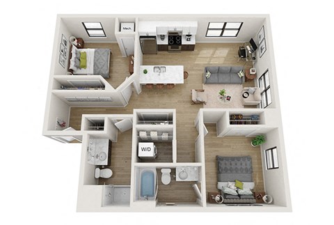 Floor plan for 2 beds, 2 baths, 1027 sqft