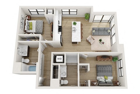 Floor plan for 2 beds, 2 baths, 1017 sqft