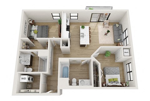Floor plan for 2 beds, 2 baths, 1036 sqft