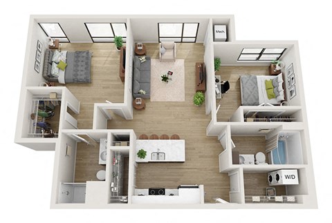 Floor plan for 2 beds, 2 baths, 1137 sqft