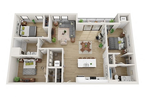 Floor plan for 3 beds, 2 baths, 1386 sqft