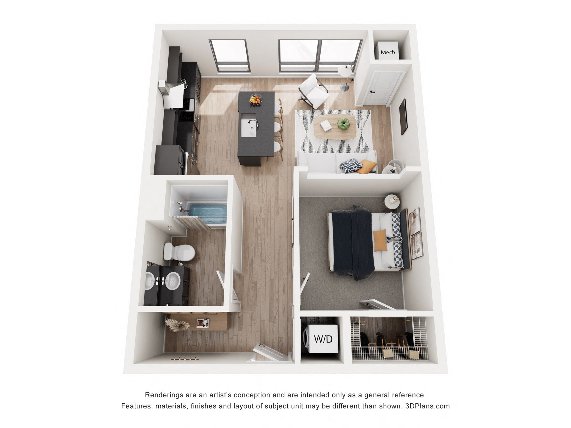 Floor plan for 1 bed, 1 bath, 674 sqft