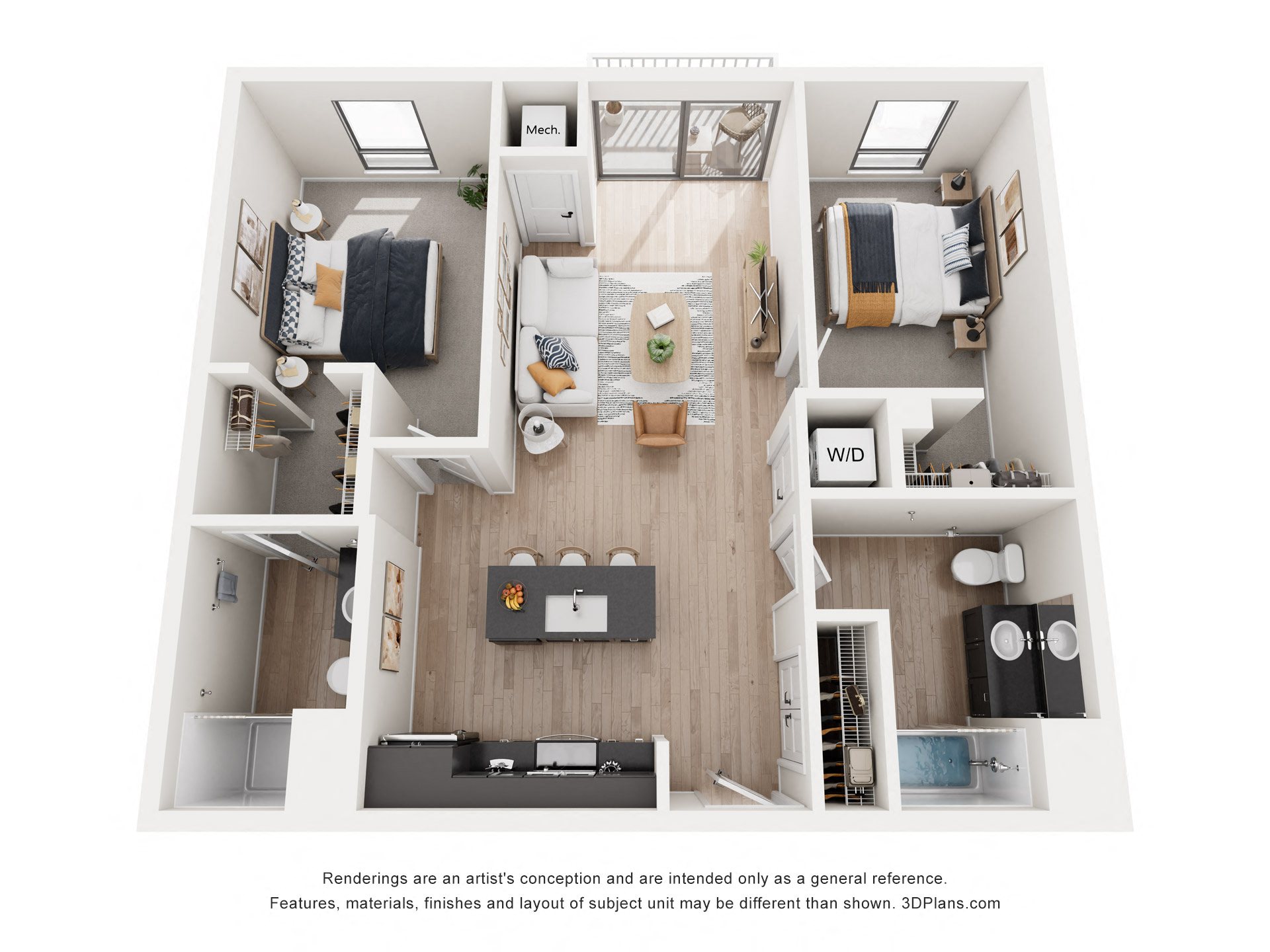 Floor plan for 2 beds, 2 baths, 970 sqft