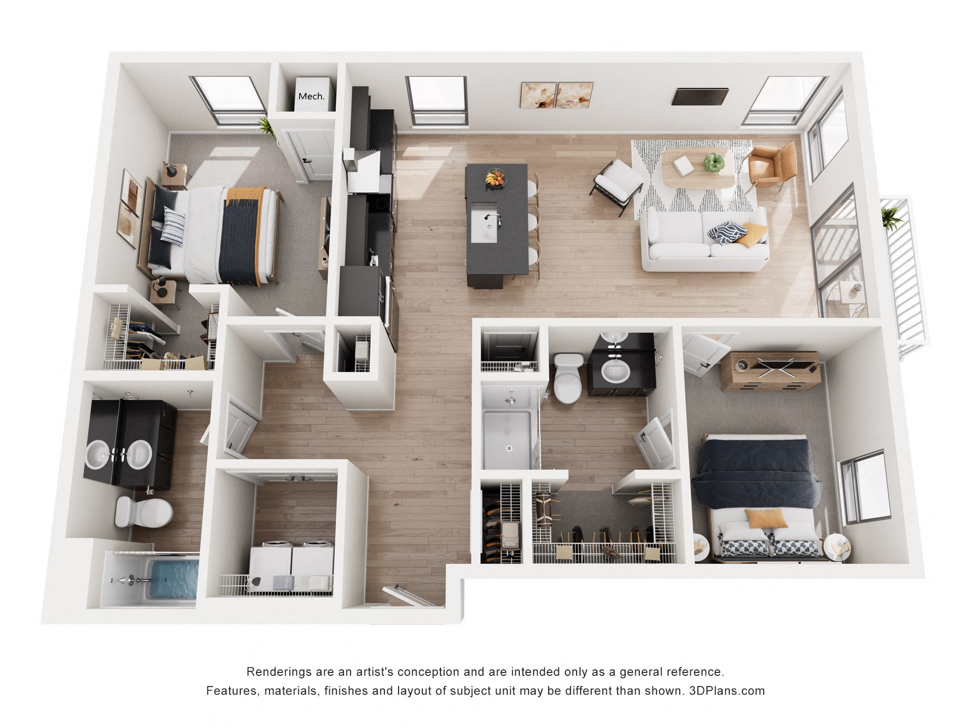 Floor plan for 2 beds, 2 baths, 1137 sqft