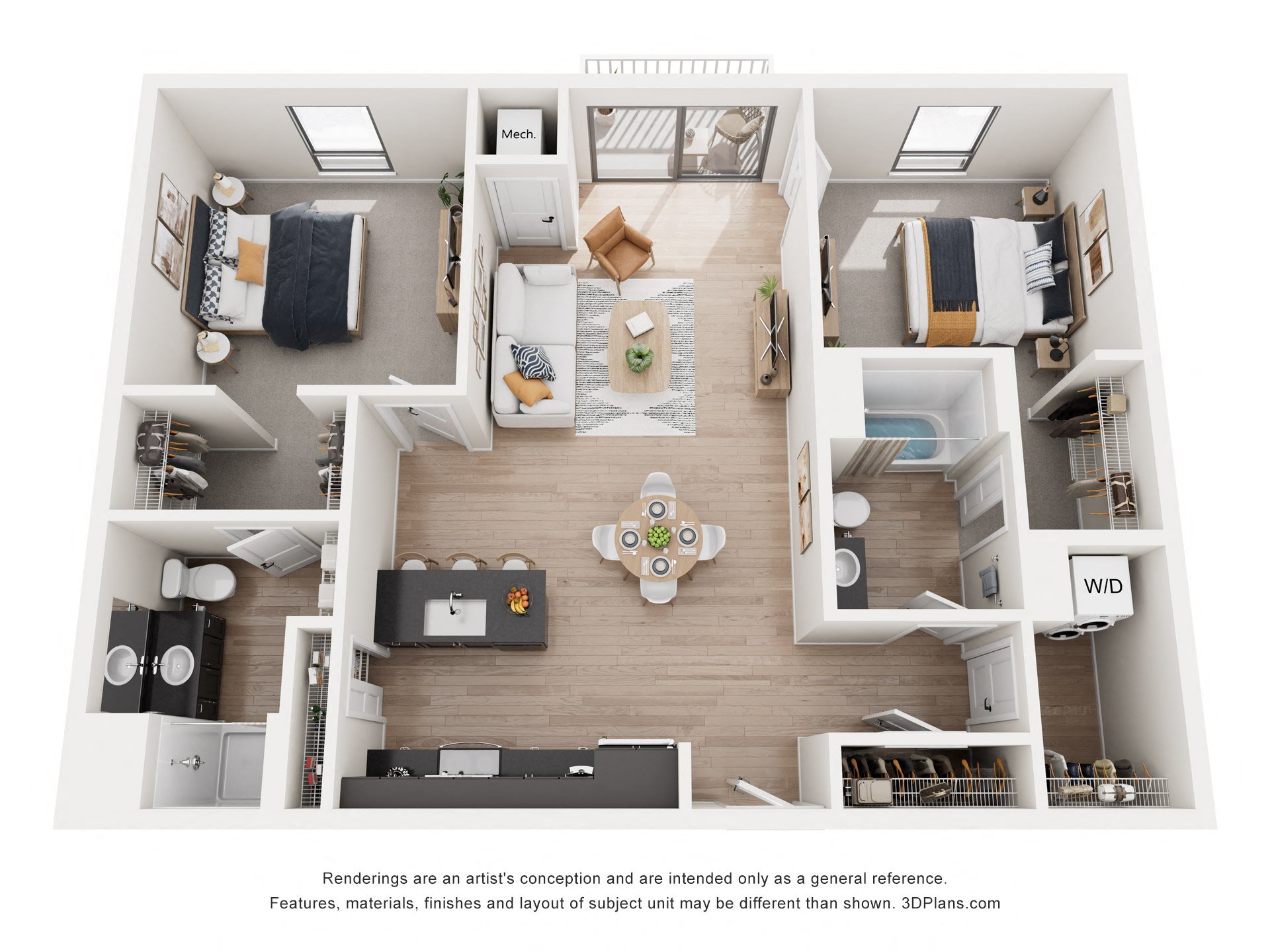 Floor plan for 2 beds, 2 baths, 1173 sqft