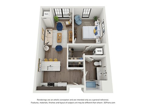Floor plan for 1 bed, 1 bath, 757 sqft