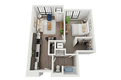 Floor plan for 1 bed, 1 bath, 646 sqft