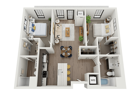 Floor plan for 2 beds, 2 baths, 1048 sqft
