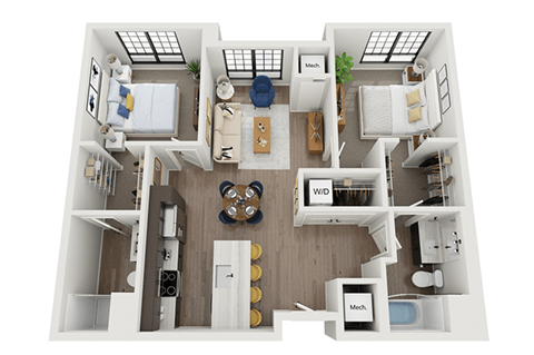 Floor plan for 2 beds, 2 baths, 999 sqft
