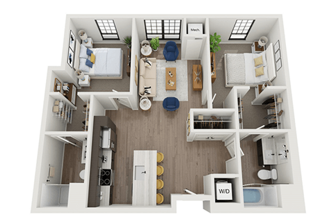Floor plan for 2 beds, 2 baths, 1009 sqft