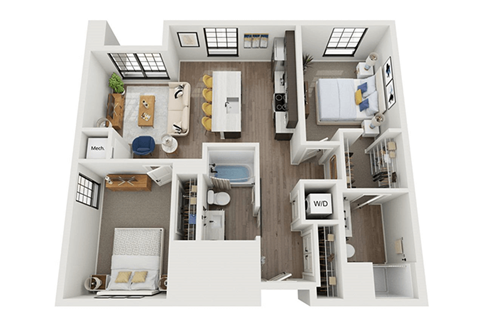 Floor plan for 2 beds, 2 baths, 965 sqft