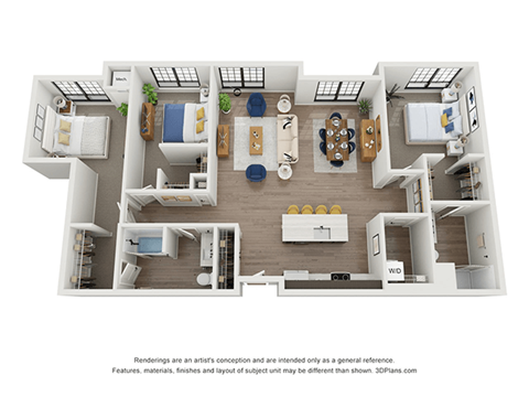 Floor plan for 3 beds, 2 baths, 1550 sqft