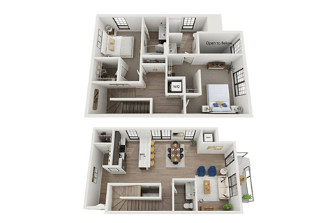 Floor plan for 2 beds, 3 baths, 1631 sqft