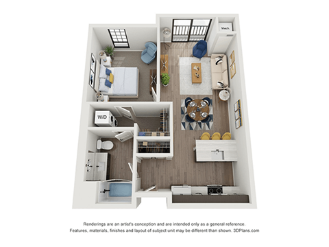Floor plan for 1 bed, 1 bath, 755 sqft