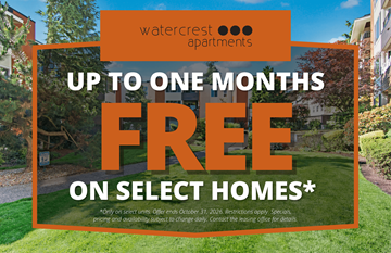 Lake Forest Park apartment for rent - A promotional image for Watercrest Apartments offering up to one month free on select homes.