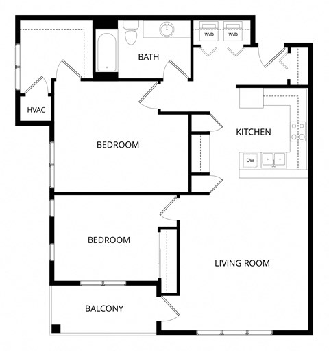 Floor plan for 2 beds, 1 bath, 1090 sqft