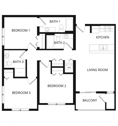 Floor plan for 3 beds, 3 baths, 1098 sqft