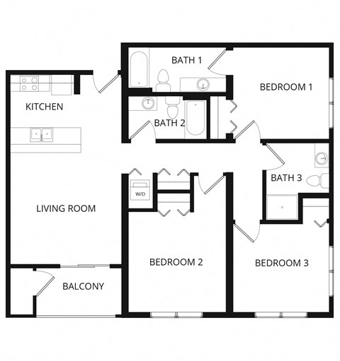 Floor plan for 3 beds, 3 baths, 1125 sqft