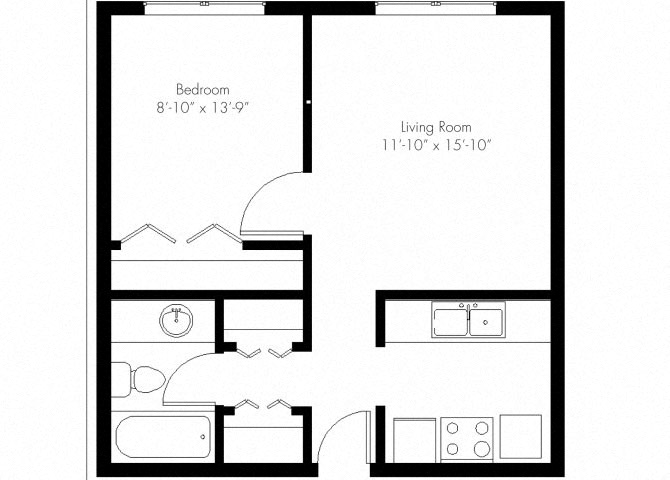 Floor plan for 1 bed, 1 bath, 690 sqft