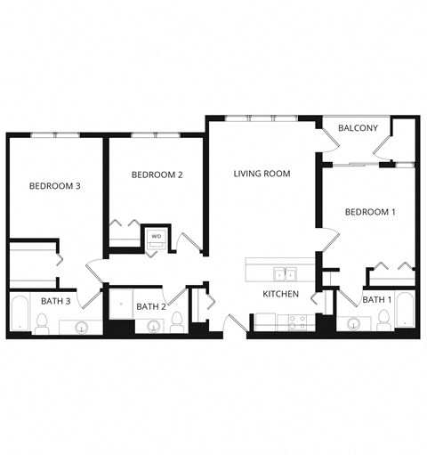 Floor plan for 3 beds, 3 baths, 1275 sqft