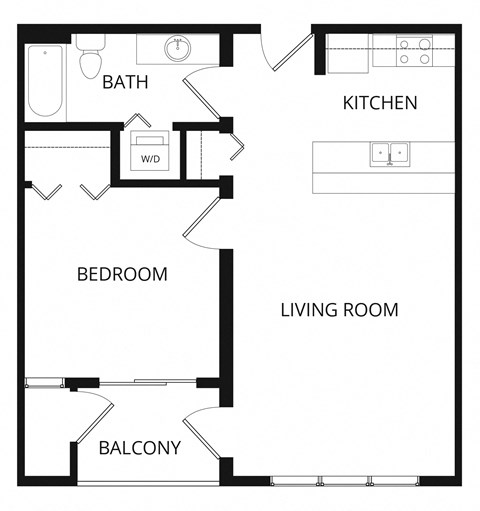 Floor plan for 1 bed, 1 bath, 635 sqft