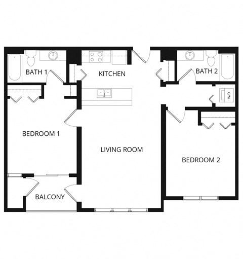 Floor plan for 2 beds, 2 baths, 957 sqft
