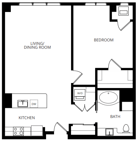 Floor plan for 1 bed, 1 bath, 898 sqft