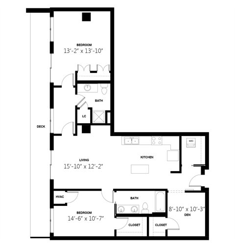 Floor plan for 2 beds, 2 baths, 1251 sqft