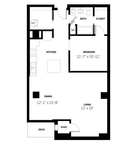 Floor plan for 1 bed, 1 bath, 1026 sqft