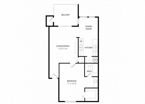 Floor plan for 1 bed, 1 bath, 750 sqft