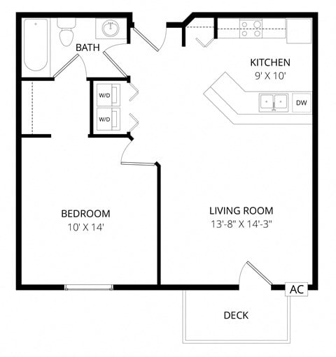 Floor plan for 1 bed, 1 bath, 722 sqft