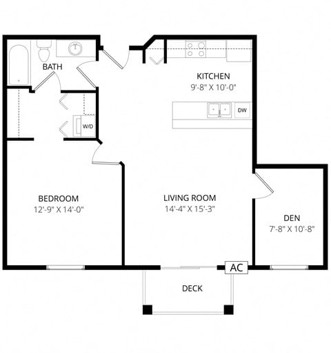 Floor plan for 1 bed, 1 bath, 890 sqft