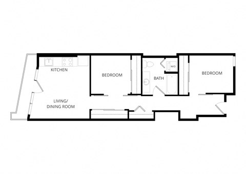 Floor plan for 2 beds, 1 bath, 840 sqft