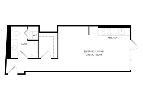 Floor plan for 1 bed, 1 bath, 697 sqft