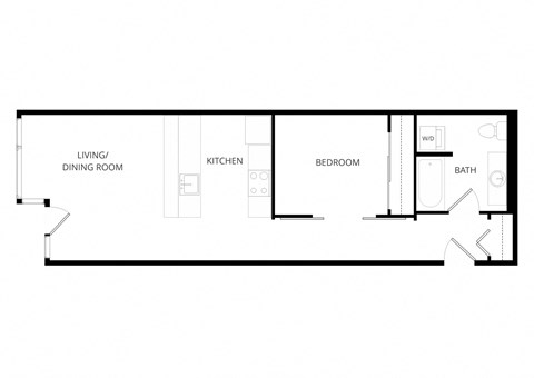 Floor plan for 1 bed, 1 bath, 643 sqft