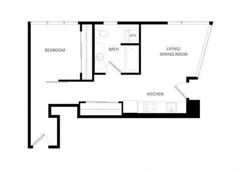 Floor plan for 1 bed, 1 bath, 670 sqft