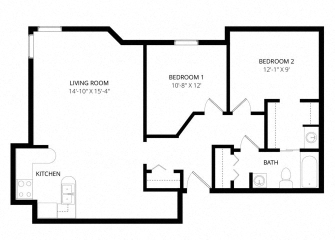 Floor plan for 2 beds, 1 bath, 840 sqft
