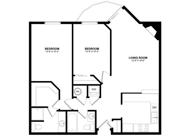 Floor plan for 2 beds, 2 baths, 1100 sqft