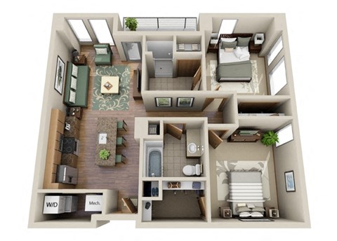 Floor plan for 2 beds, 2 baths, 1013 sqft