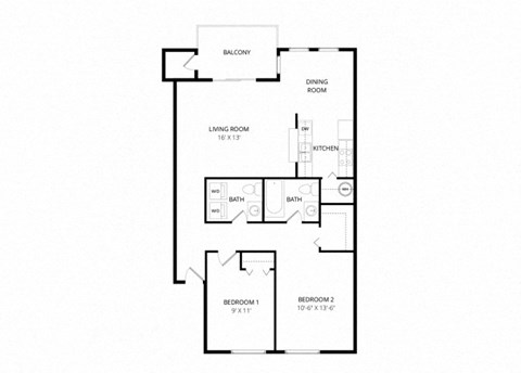 Floor plan for 2 beds, 1.5 baths, 1000 sqft